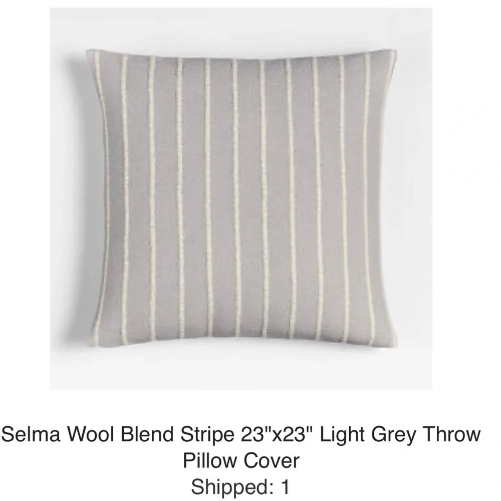 Crate & Barrel Selma Wool Blend Stripe Light Grey 23x23 Throw Pillow Cover